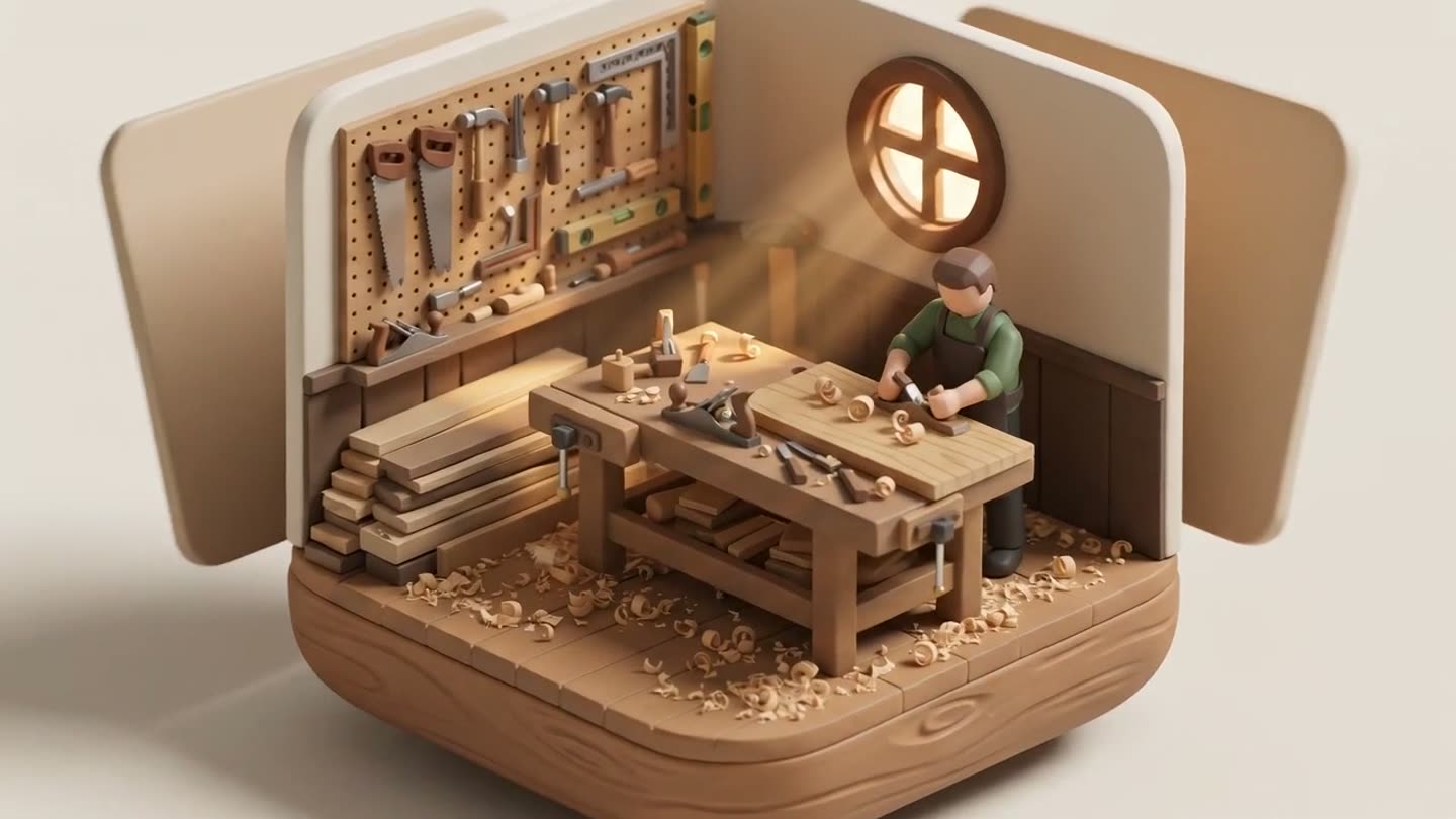 Blick in die Miniatur-Werkstatt: Tischler an der Hobelbank, Werkzeugwand, Holzlager