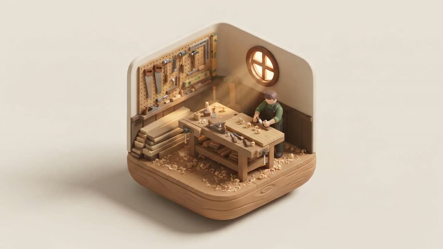 Miniatur-Diorama einer Tischlerwerkstatt: ein Tischler hobelt an der Werkbank, Werkzeuge an der Wand
